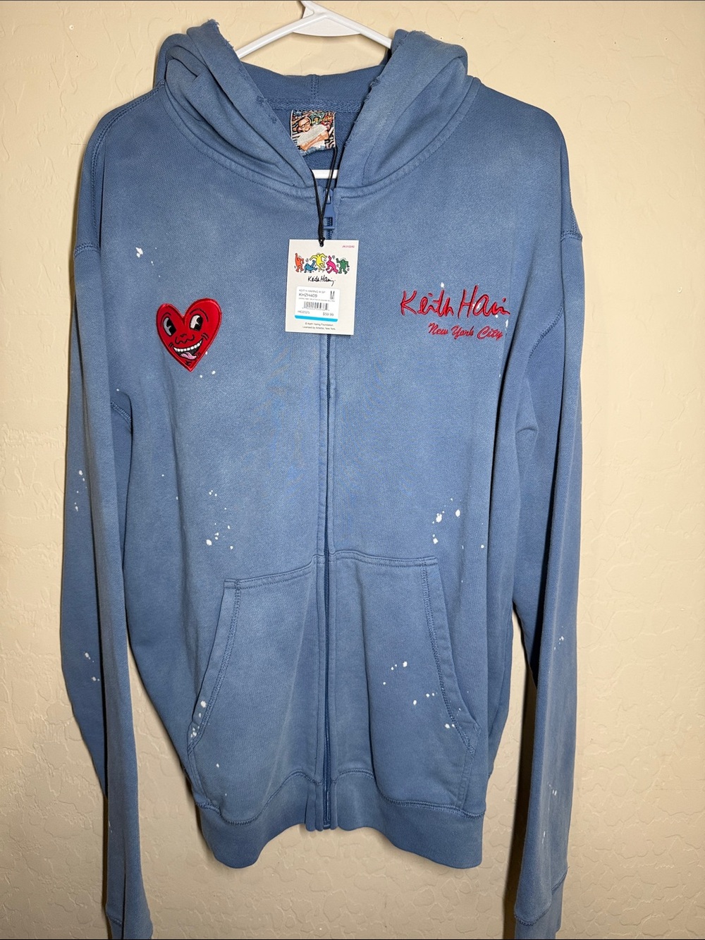 Keith Haring Blue Zip-Up Hoodie with Heart Patch
